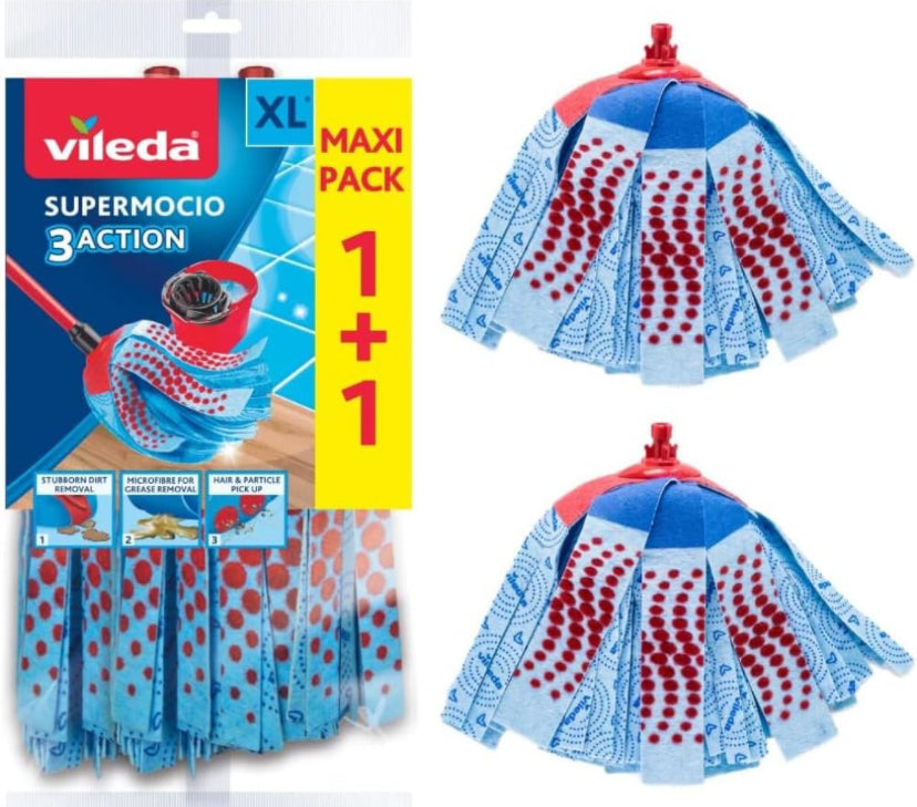 VILEDA SUPER MOCIO TÊTES DE BALAI SERPILLÈRE RECHARGE BLEU LOT DE 2