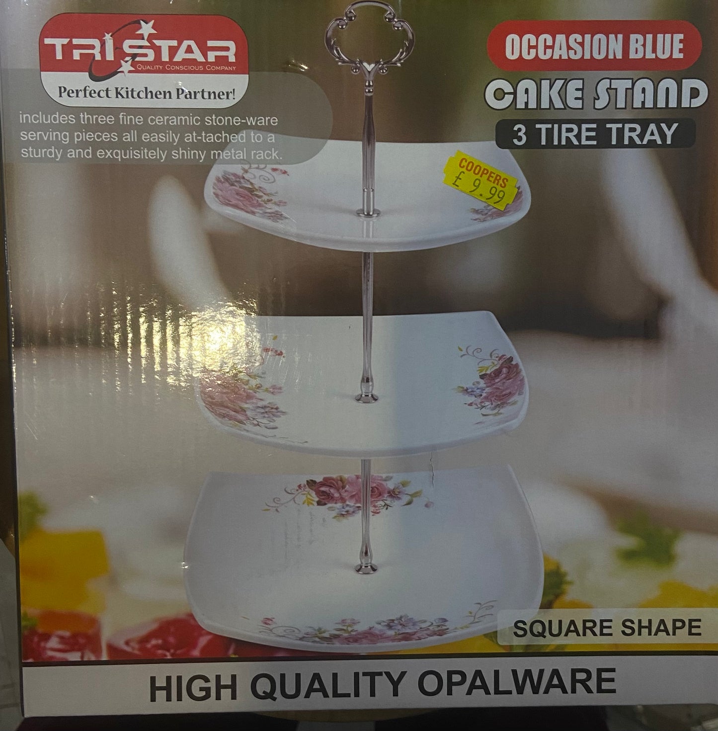 TRI STAR CAKE STAND 3 TIRE TRAY SQUARE SHAPE PINK ROSE