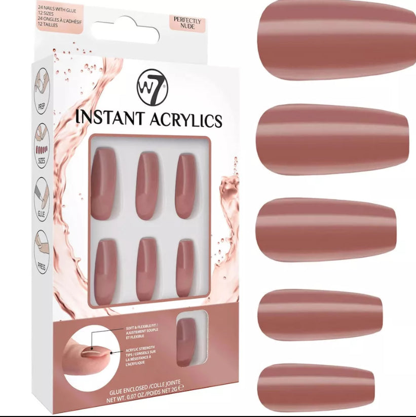 W7 Instant Acrylics - Faux Ongles Longs Parfaitement Nudes Faits avec une Colle Forte Incluse