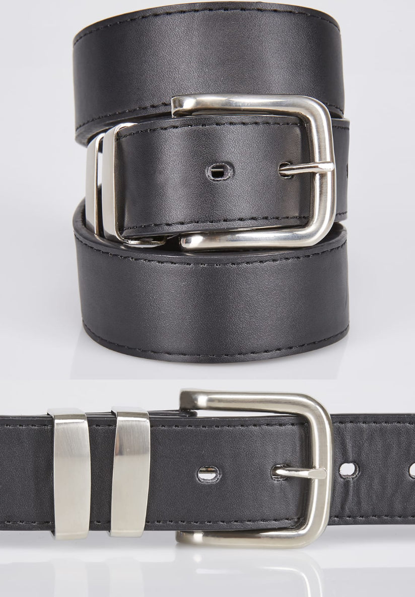 Ceinture Homme Étroite en Cuir Noir Doublée, Boucle Argentée XXL (117-122 cm)