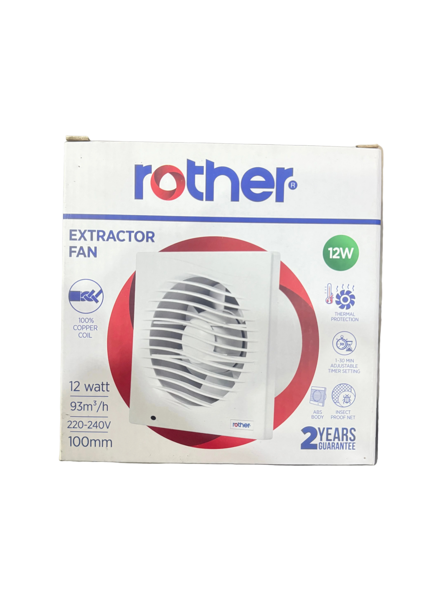 ROTHER WHITE BATHROOM EXTRACTOR FAN 12w 220-240v/ EXHUST FAN WITH TIMER 100mm 93M3H