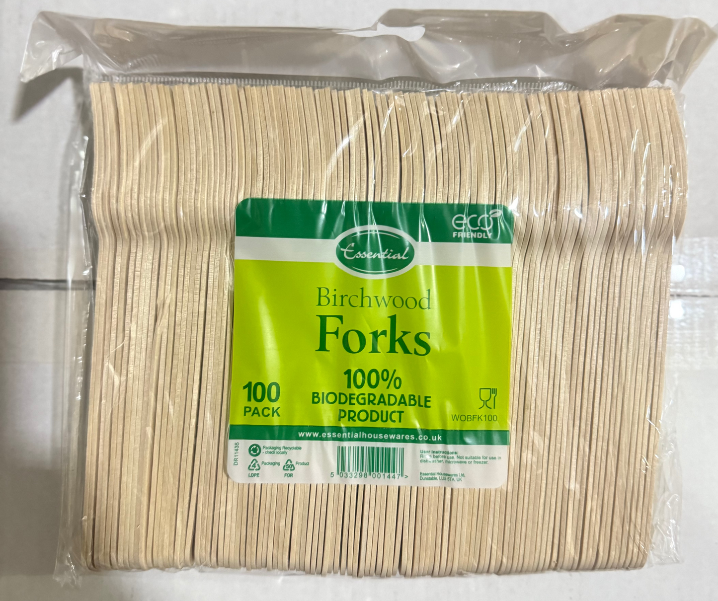 Fourchette en bois de bouleau biodégradable Essential, paquet de 100