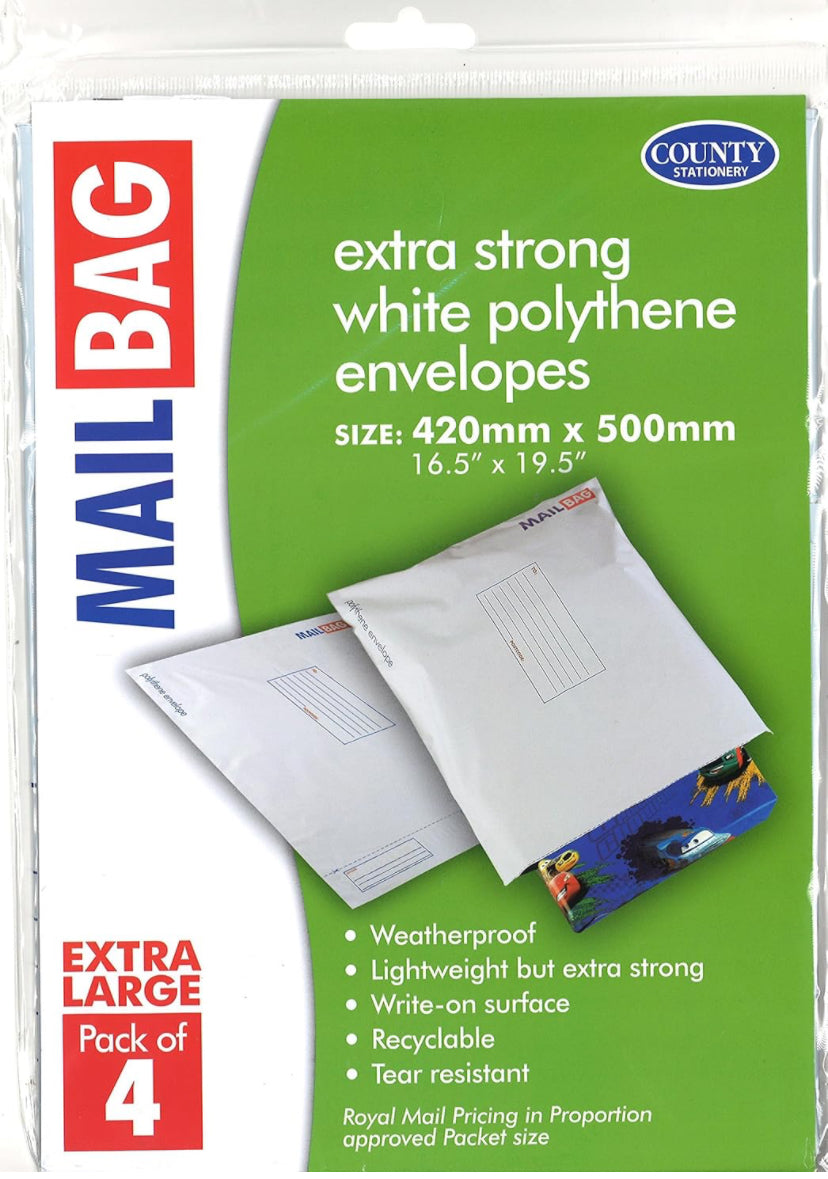 ENVELOPPES EN POLYTHÈNE BLANC ULTRA RÉSISTANTES POUR ENVOIS POSTAUX 42 x 50 cm, pack de 4
