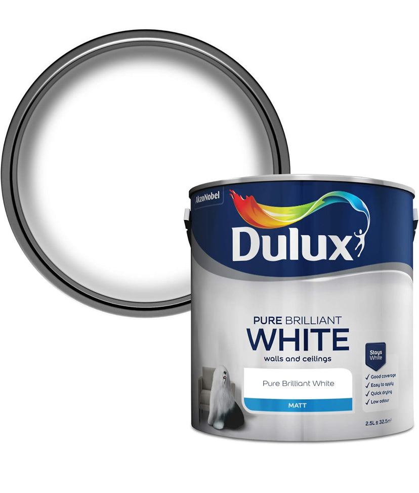 Peinture émulsion mate Dulux pour murs et plafonds - Blanc éclatant 2,5 litres