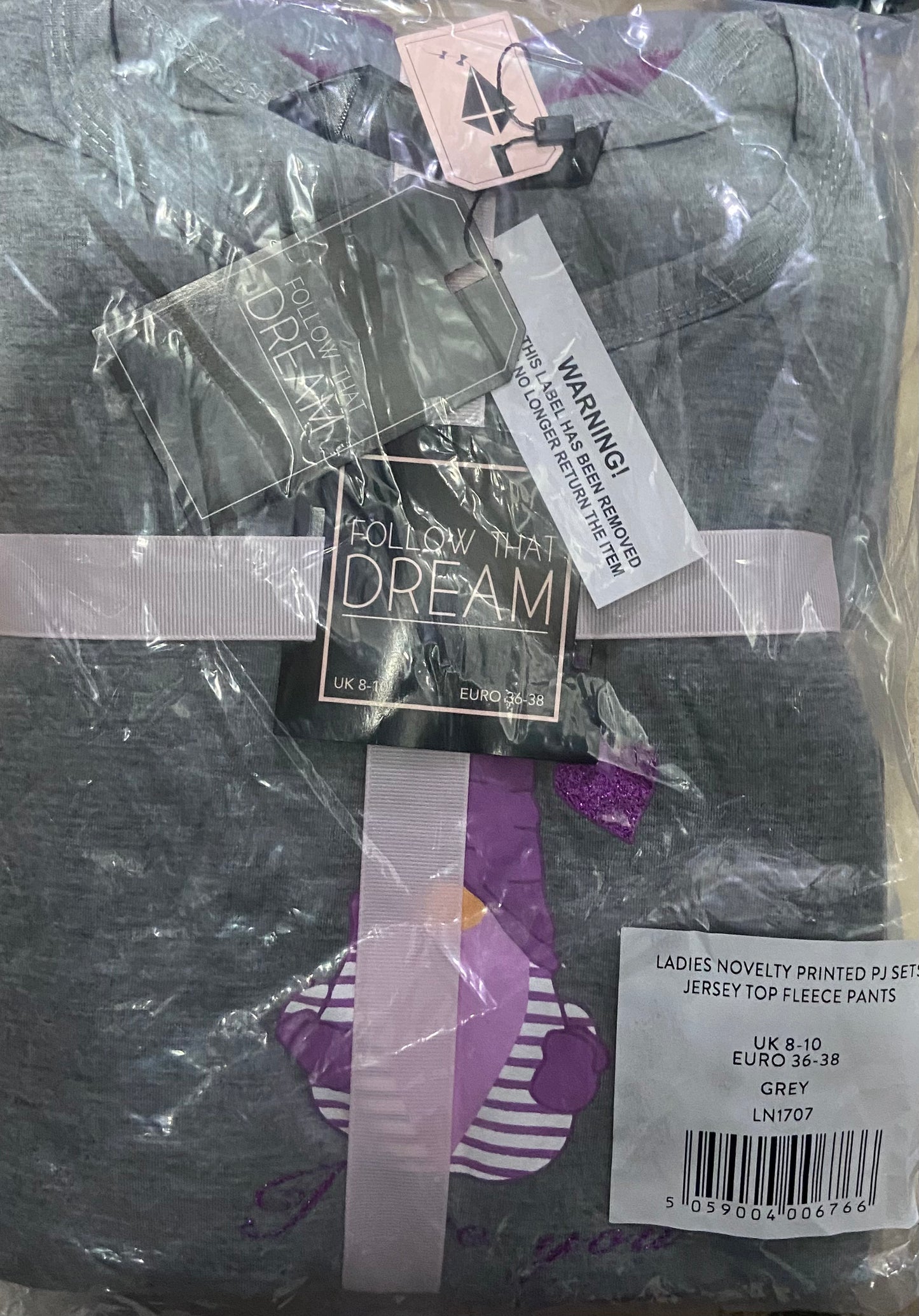 LADIES 8-10 UK NOVELTY PRINTED PJ SETS JERSEY TOP FLEECE PANTS GREY