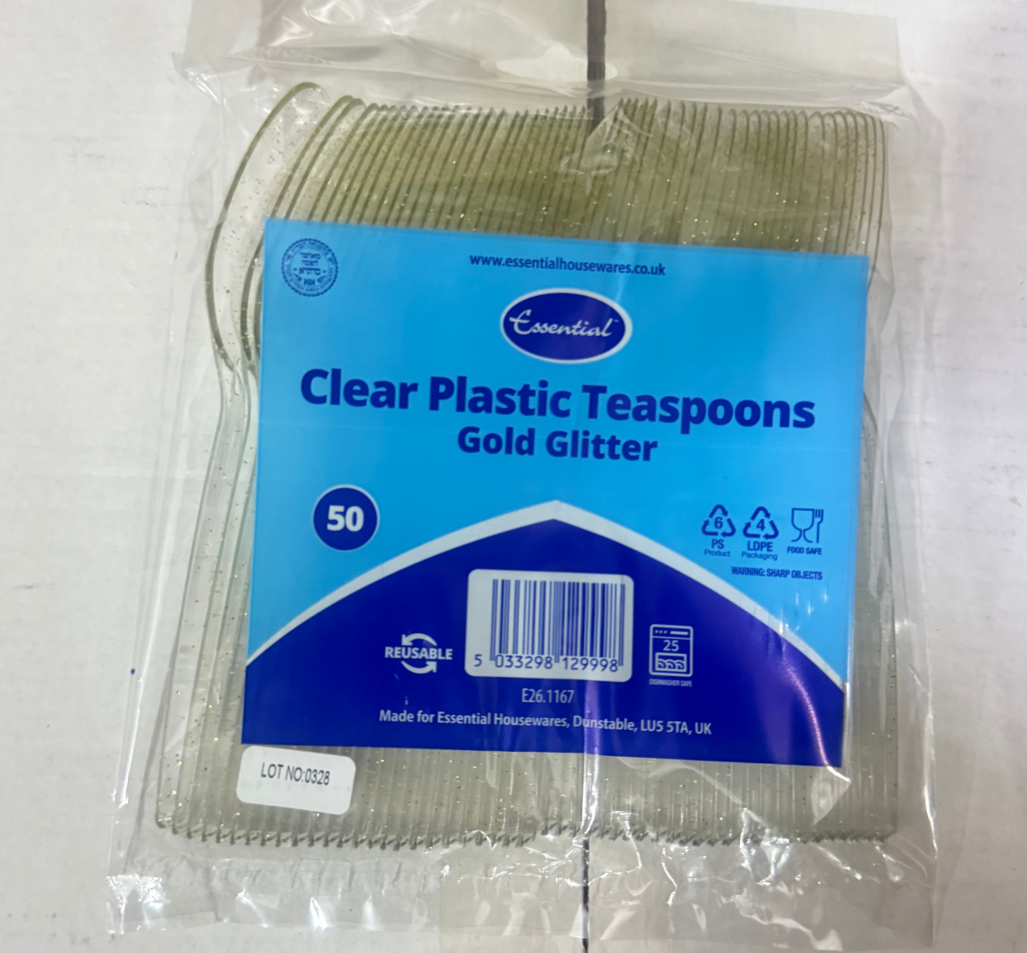 ESSENTIAL CLEAR PLASTIC TEASPOONS GOLD GLITTER 50pack