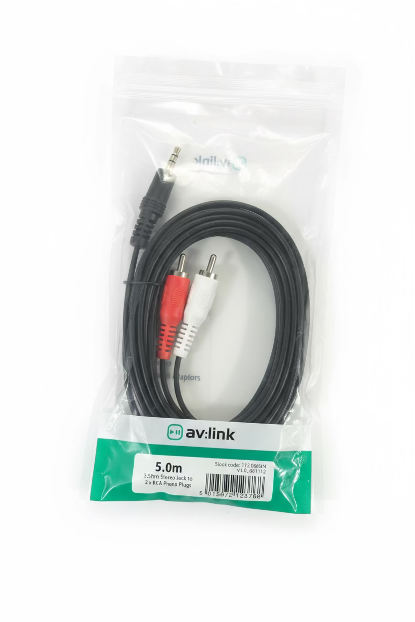 5.0m 3.5mm STEREO JACK TO 2 x RCA PHONO PLUGS