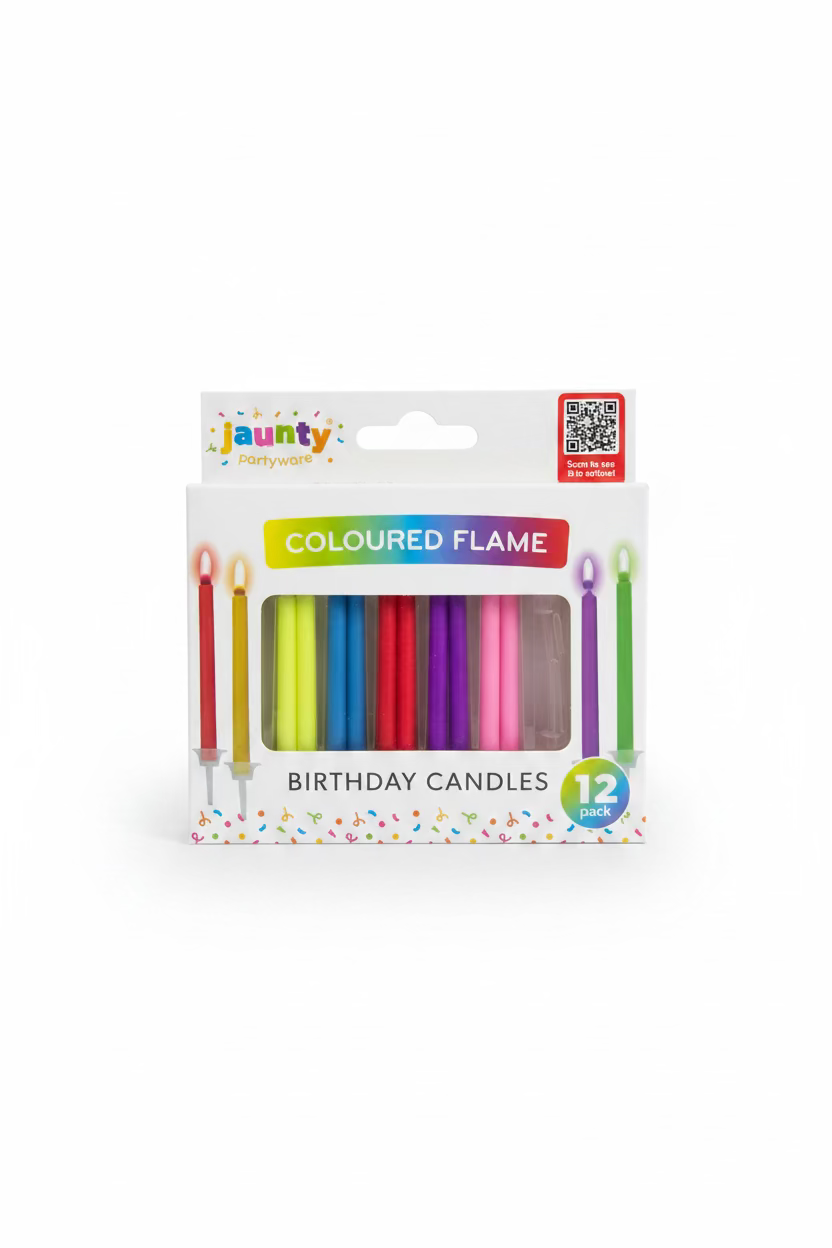JAUNTY COLOURED FLAMES BIRTHDAY CANDLES 12pc