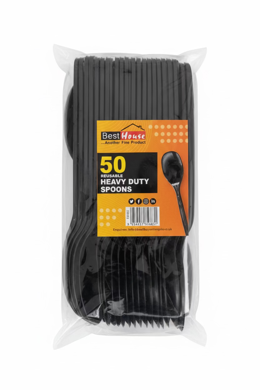 50 reusable heavy duty black plastic spoon
