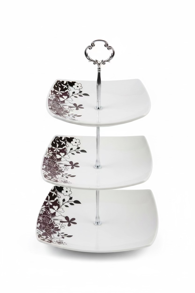 SQUARE SPIN CAKE STAND 3 TIRE TRAY BLACK FLOWER