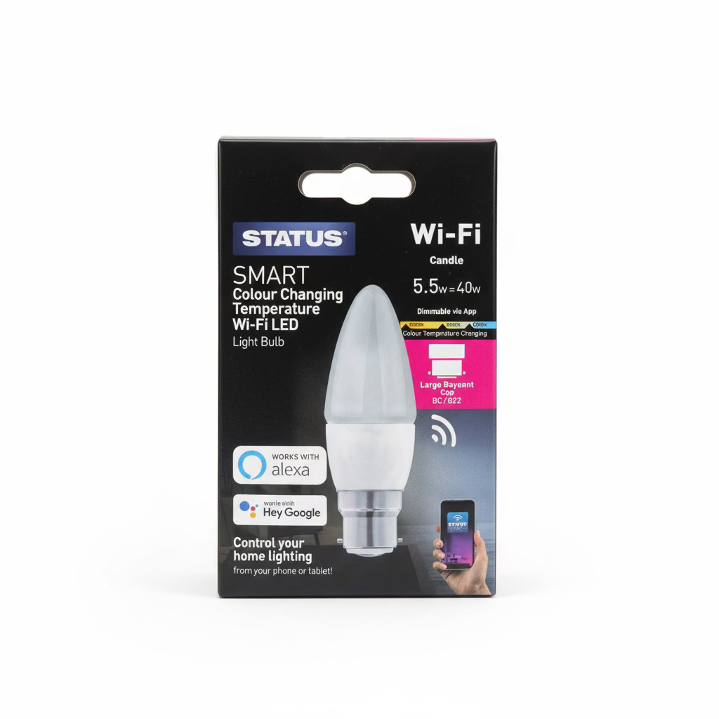 STATUS SMART COLOUR CHANGING TEMPERATURE WI-FI LED CANDLE BULB 5.5w=40w Dimmable via app B22