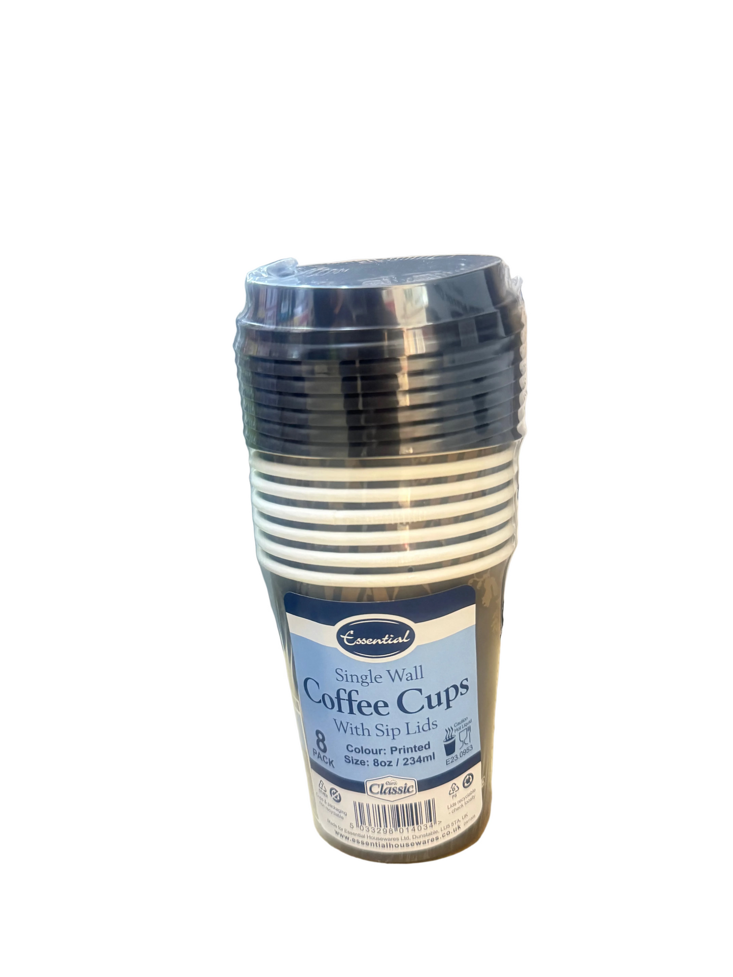 ESSENTIAL SINGLE WALL COFFEE CUPS WITH SIP LIDS 8 pk 234ml