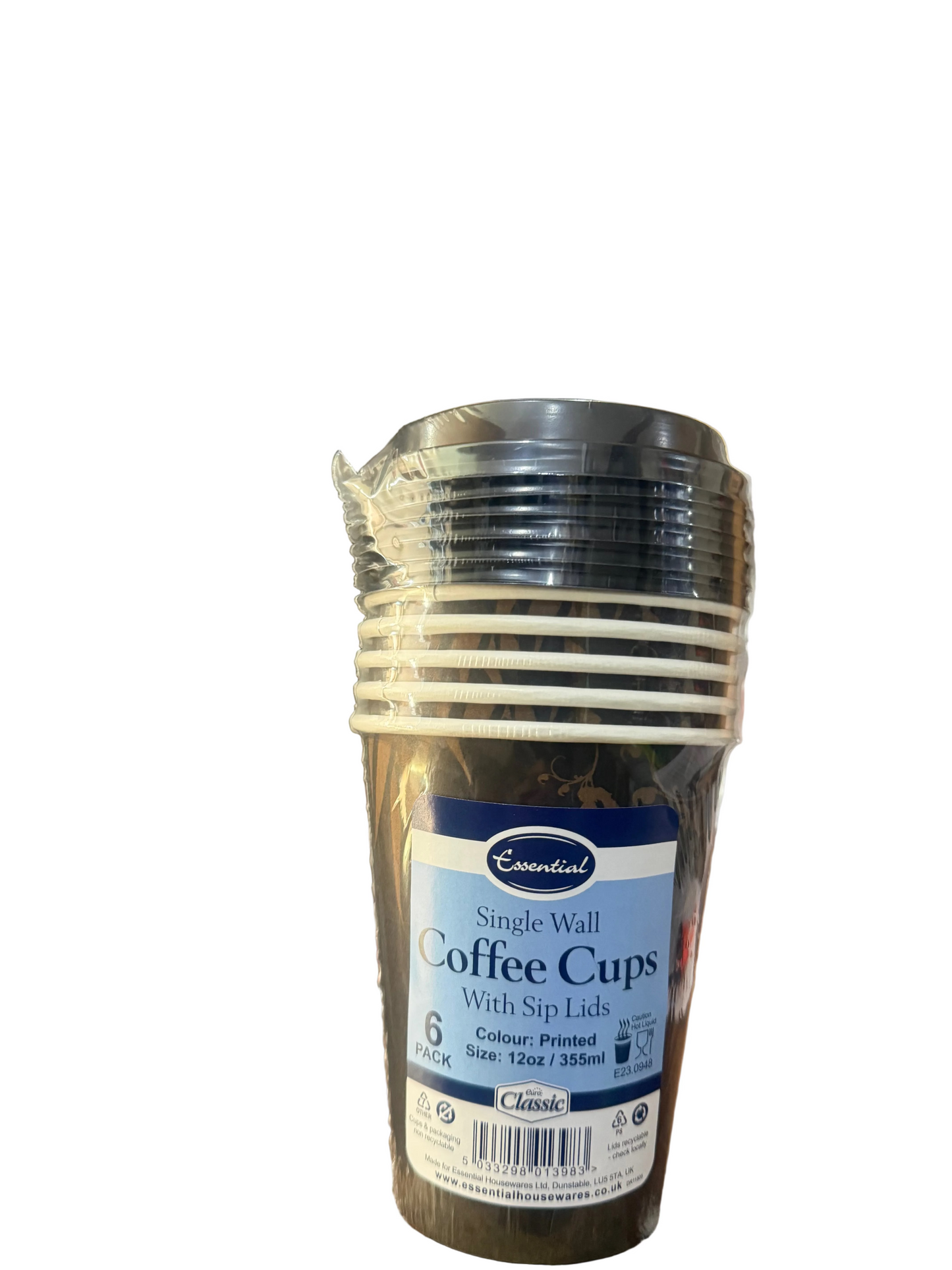 ESSENTIAL SINGLE WALL COFFEE CUPS WITH SIP LIDS 355ml 6 pk