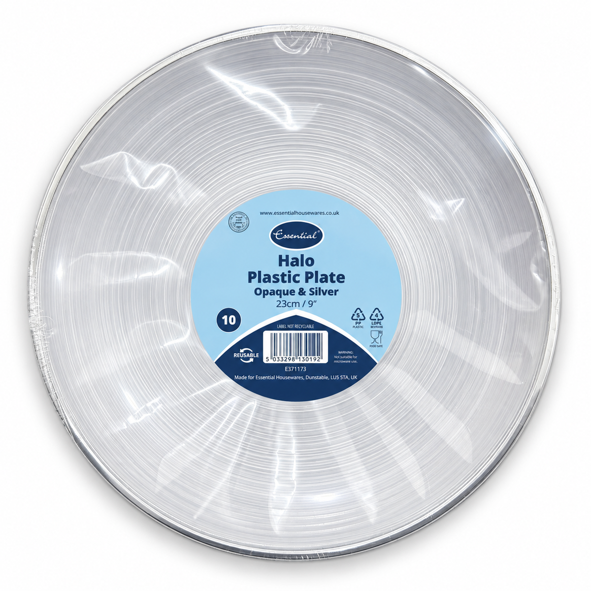 ESSENTIAL HALO PLASTIC PLATE OPAQUE & SILVER 23cm 10pk