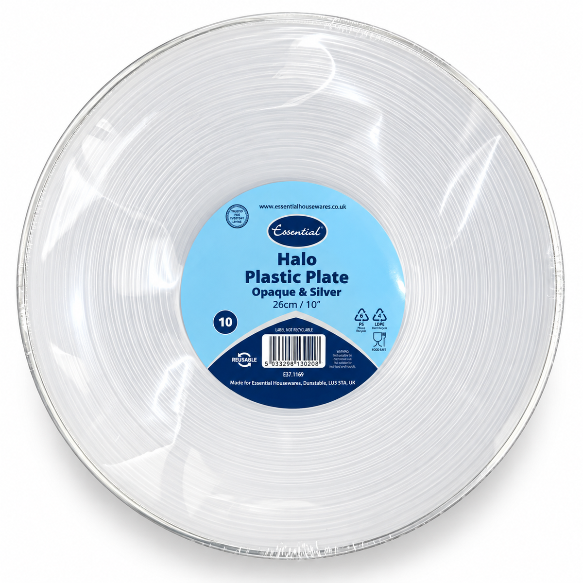 ESSENTIAL HALO PLASTIC PLATE OPAQUE & SILVER 26cm 10pk