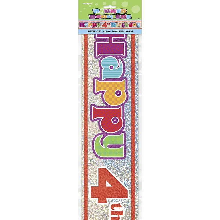 UNIQUE PARTY 4TH BIRTHDAY HOLOGRAPHIC FOIL PARTY BANNER 12FT