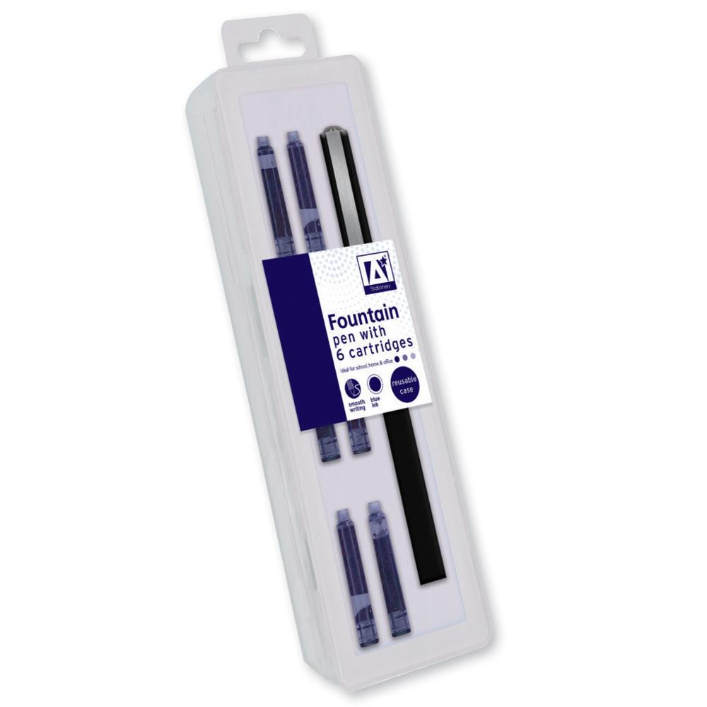 Stylo plume avec 6 cartouches bleues avec étui réutilisable