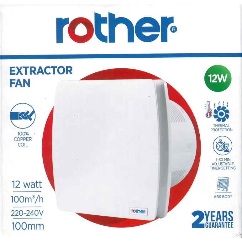 ROTHER WHITE 12W BATHROOM EXTRACTOR / EXHAUST FAN 100MM / 100M3H