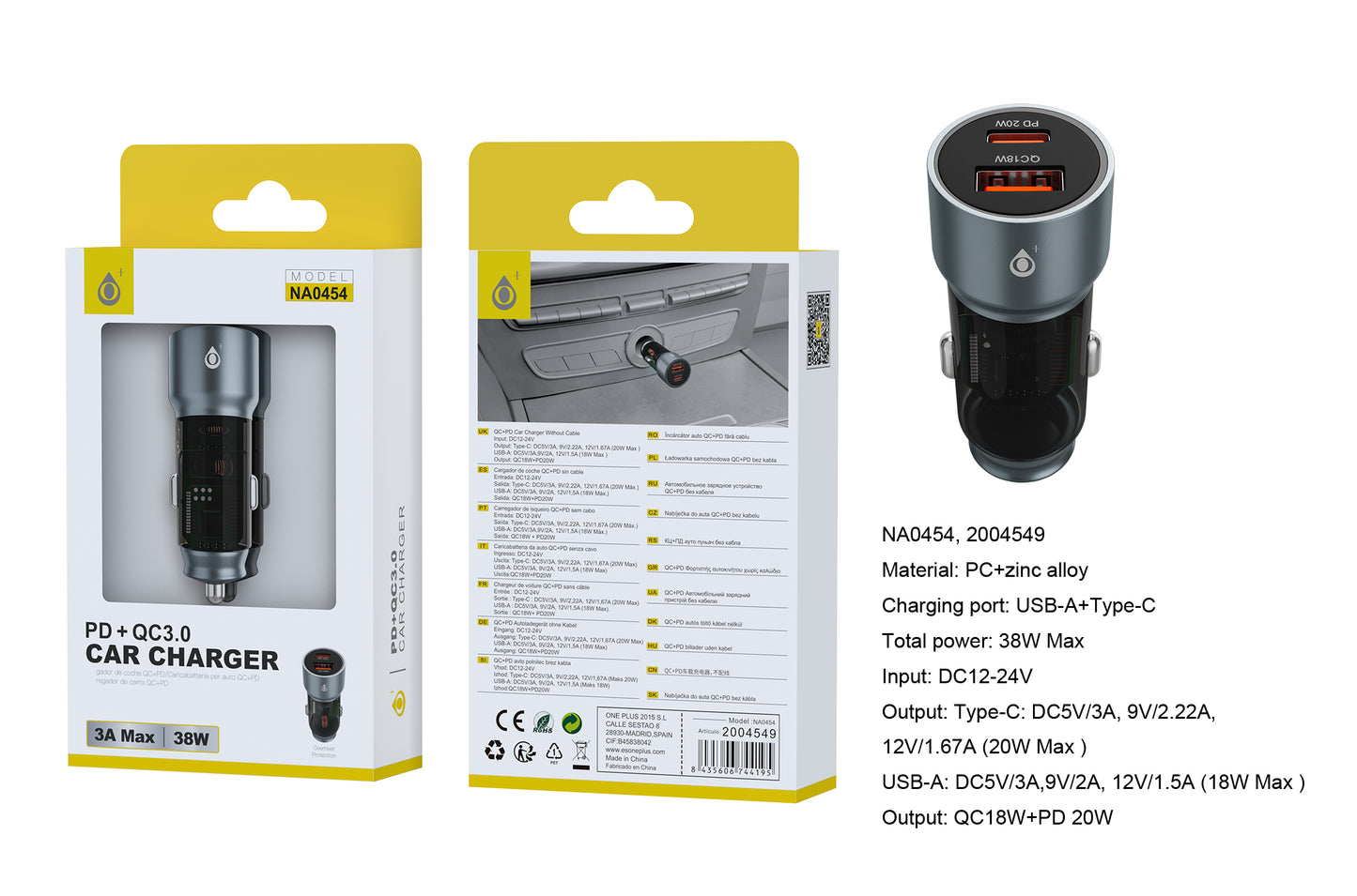 NA0454 GR Blaz Chargeur allume-cigare en alliage de zinc avec charge rapide, USB-C (20W) + USB-A QC 3.0 (18W) sans câble, 38W / 3A Max, Gris