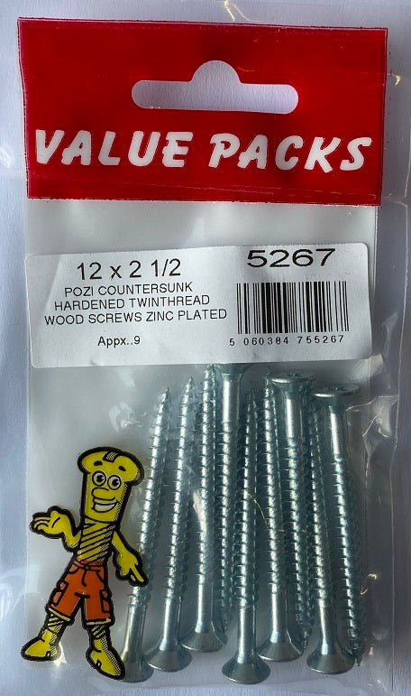 High-Quality 12 x 2 1/2” TwinThread Wood Screws - Zinc Finish - Pack of 9.