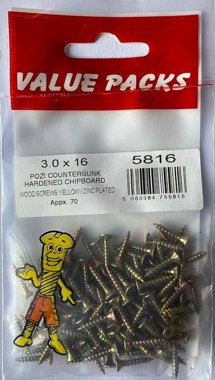 Vis à aggloméré de haute qualité 3,0 x 16, plaquées jaune – Lot de 70.