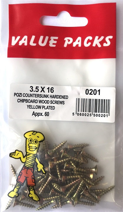 Vis à aggloméré de haute qualité 3,5 x 16 - Zinguées jaune - Lot de 60.