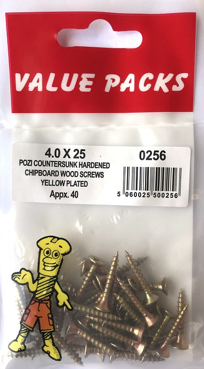 0256 Vis à aggloméré C40X25 zinguées jaune, paquet de 40.