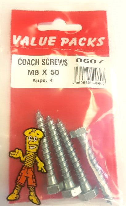 0607 M8 x 50 Hex Head Coach Screws Zinc 4/PK