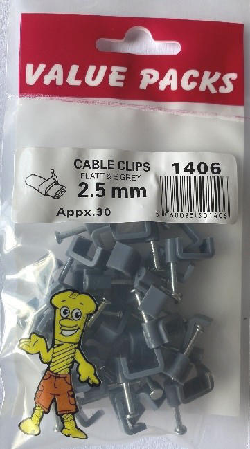 1406 CCTEG2.5 Attache-câbles : Fixez les câbles plats T&E gris de 2,5 mm - Paquet de 30/PCK