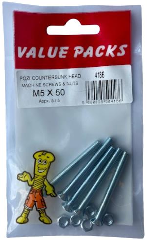 4186 - Vis mécaniques à tête fraisée et écrous M5 x 50 Zinguées - PAQ de 6 | Quincaillerie de qualité