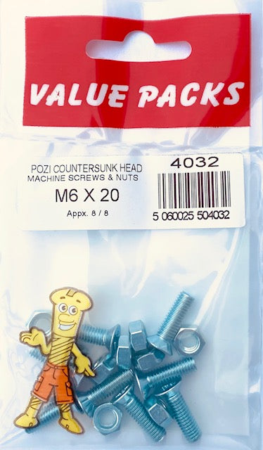 4032: MSC6X20 Vis à métaux et écrous fraisés M6 x 20 Zinc - Paquet de 8