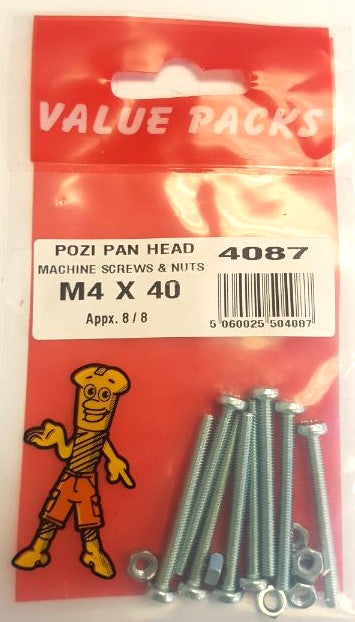 4087 - MSP4X40 - Vis à métaux et écrous Pozi à tête cylindrique M4 x 40, zingués - Paquet de 8 (environ)