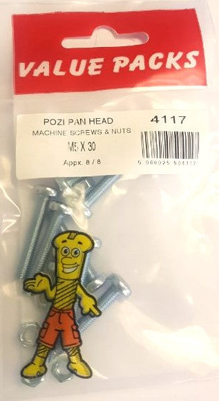 4117 - Vis mécaniques et écrous Pozi à tête cylindrique M5 x 30 Zingué - Sachet de 7
