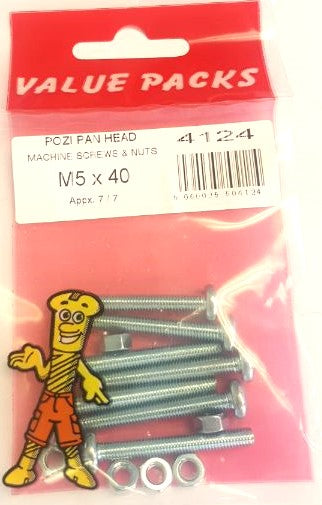4124 - M5 x 40 Pozi Pan Machine Screws & Nuts Zinc - 7/PK