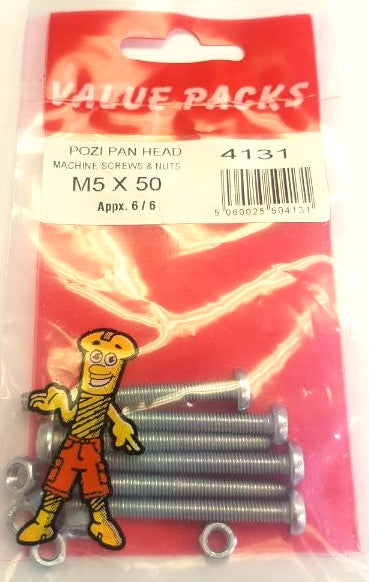 4131 : Obtenez 6 vis mécaniques M5 x 50 Pozi Pan et écrous zingués - Quincaillerie de haute qualité