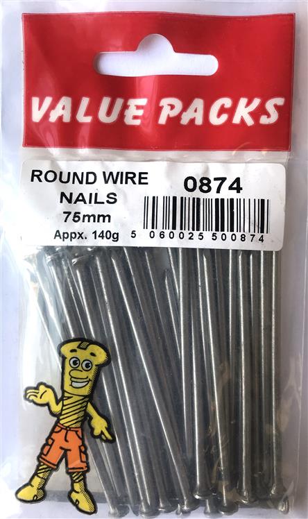 0874 NR75: Clous ronds à fil brillant de 75 mm - 140g/PK | Fixations de haute qualité
