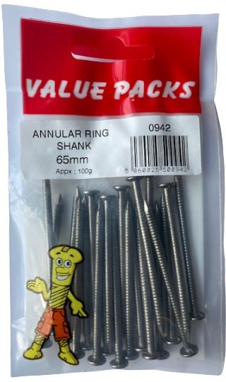 0942 NA65 : Clous annelés de 65 mm – 120 g/paquet