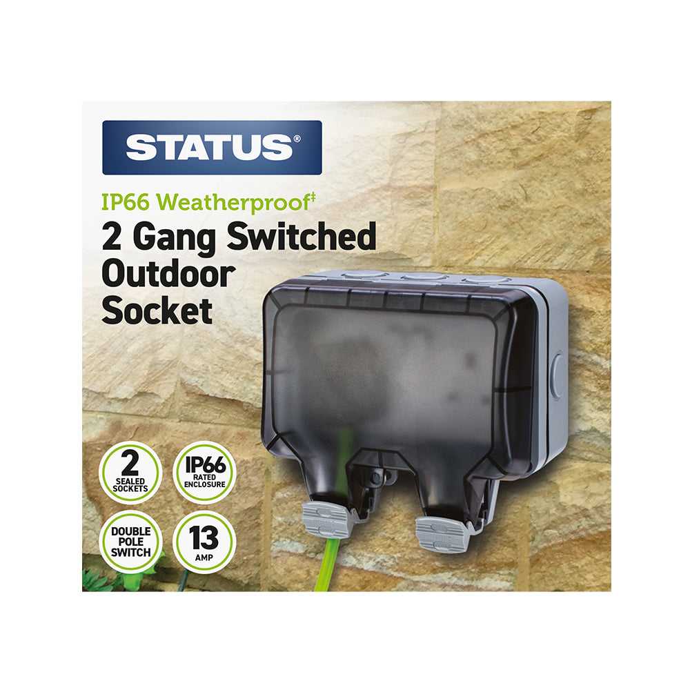 Status 2 Gang 13 Amp Weatherproof IP66 Switched Socket White Grey Cover