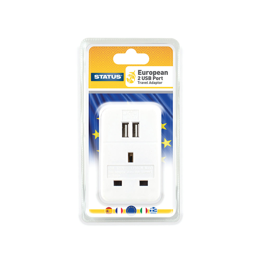 Adaptateur de voyage européen - Blanc - 1 prise - 2 ports de charge USB - 1 paquet