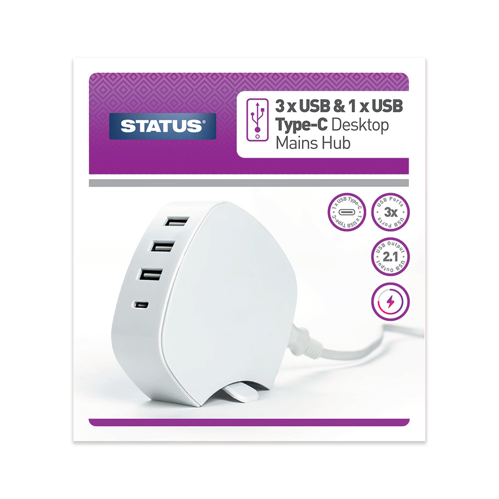 4 USB Charging Hub - 3 USB A + 1 USB C - Output 5V 8.0A - Lead Approx 1 Mtr - White - 1pk Box
