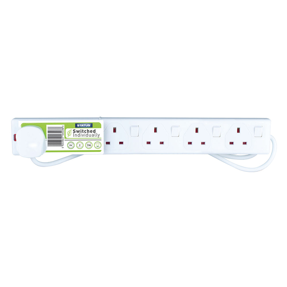 6 way - 2 Mtr - Extension Socket - Individually Switched- White - Neon Indicator - Plug - 1 pk