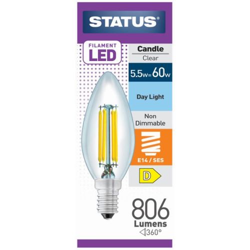 5,5 W = 60 W = 806 lumens - Filament LED - Bougie - Culot à vis E14 - Claire - Lumière du jour - Boîte de 1 unité