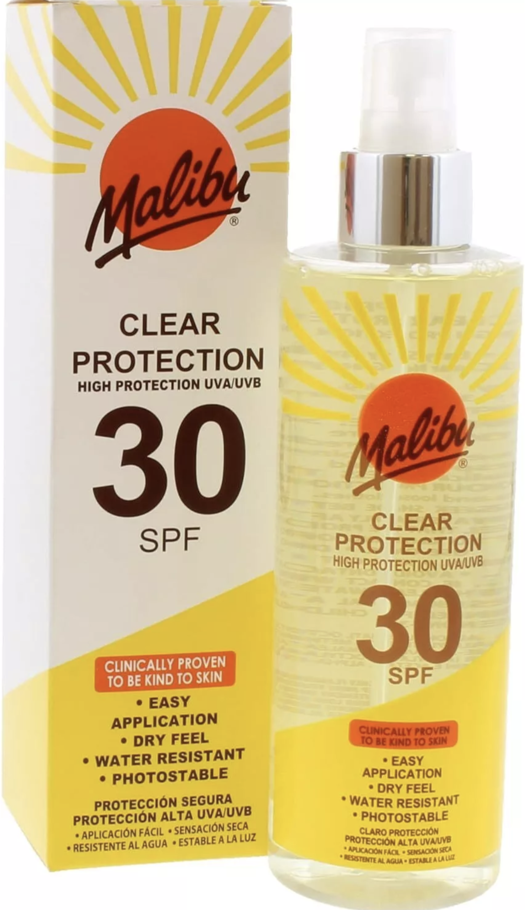 Malibu Sun Écran Solaire Spray Transparent SPF 30, Haute Protection, 250 ml (Lot de 1)