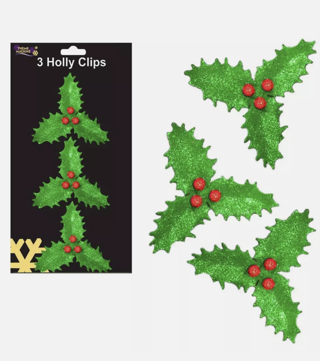 3 Christmas 10cm Green Glitter Holly Leaves Red Berries Clip on Decorations BA