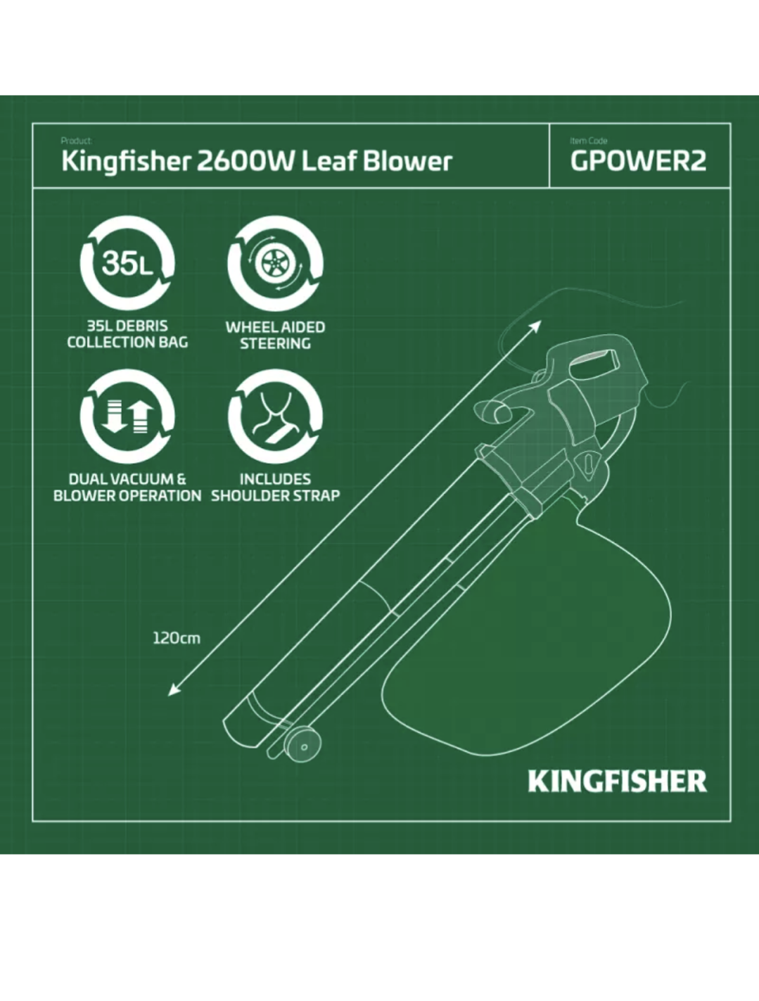 Souffleur de feuilles et aspirateur de jardin 2-en-1 2600W avec harnais d'épaule et roues GPOWER2