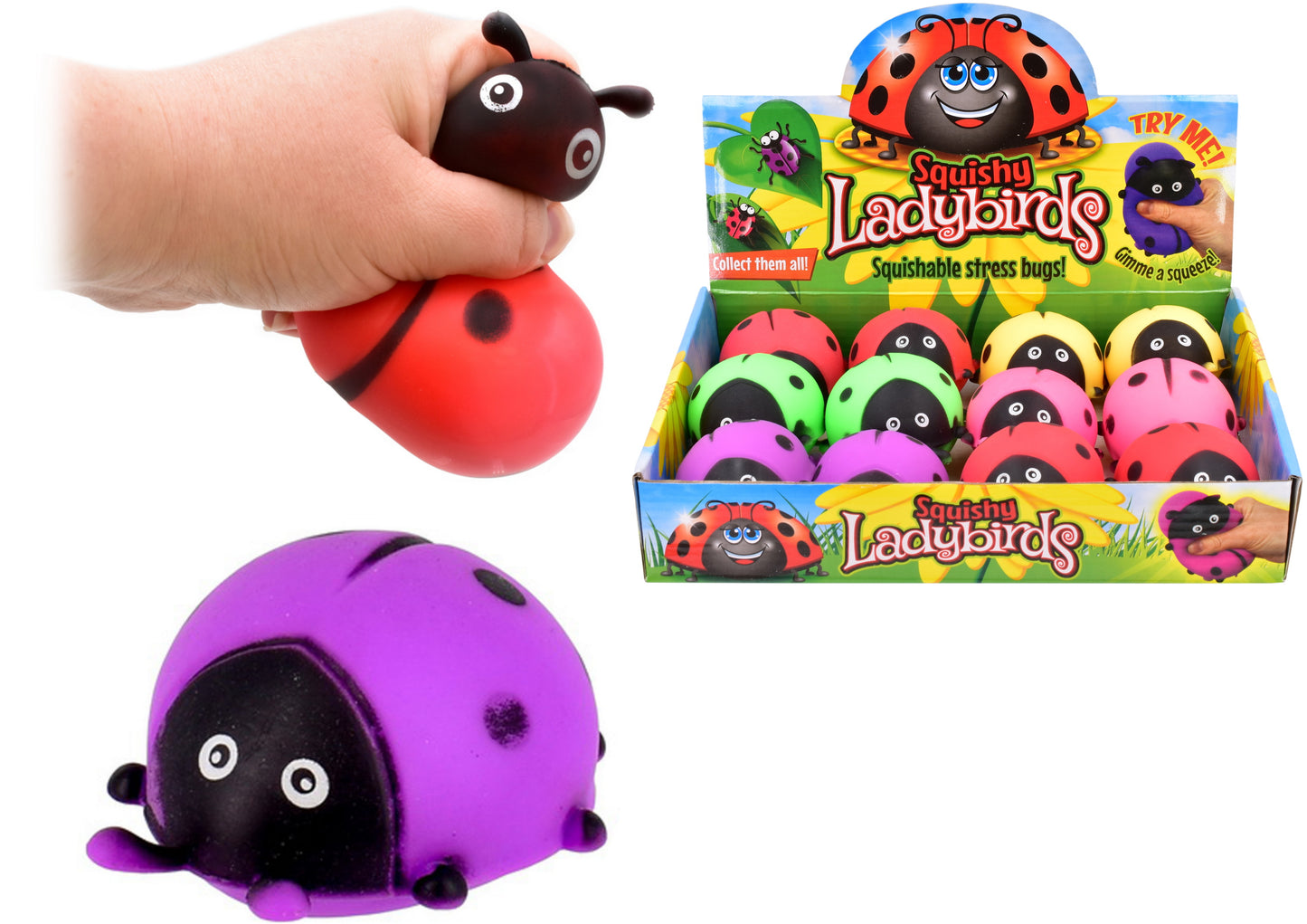 Coccinelles Molles en Boîte Présentoir - 6 Assorties | Jouets Anti-Stress Amusants