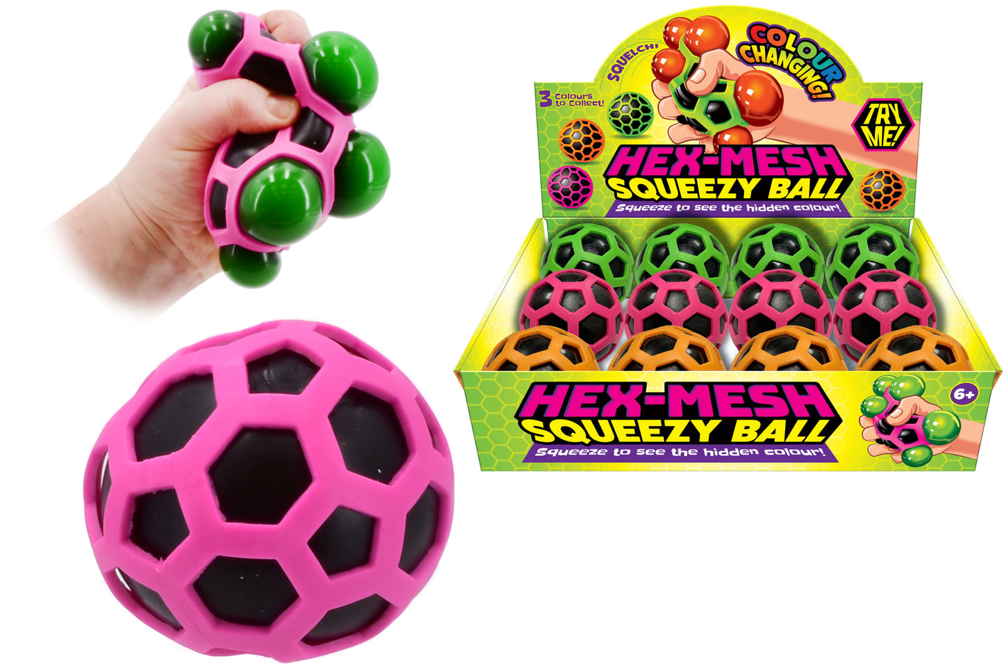 Amusez-vous en pressant nos balles hexagonales de 80 mm - 3 motifs assortis