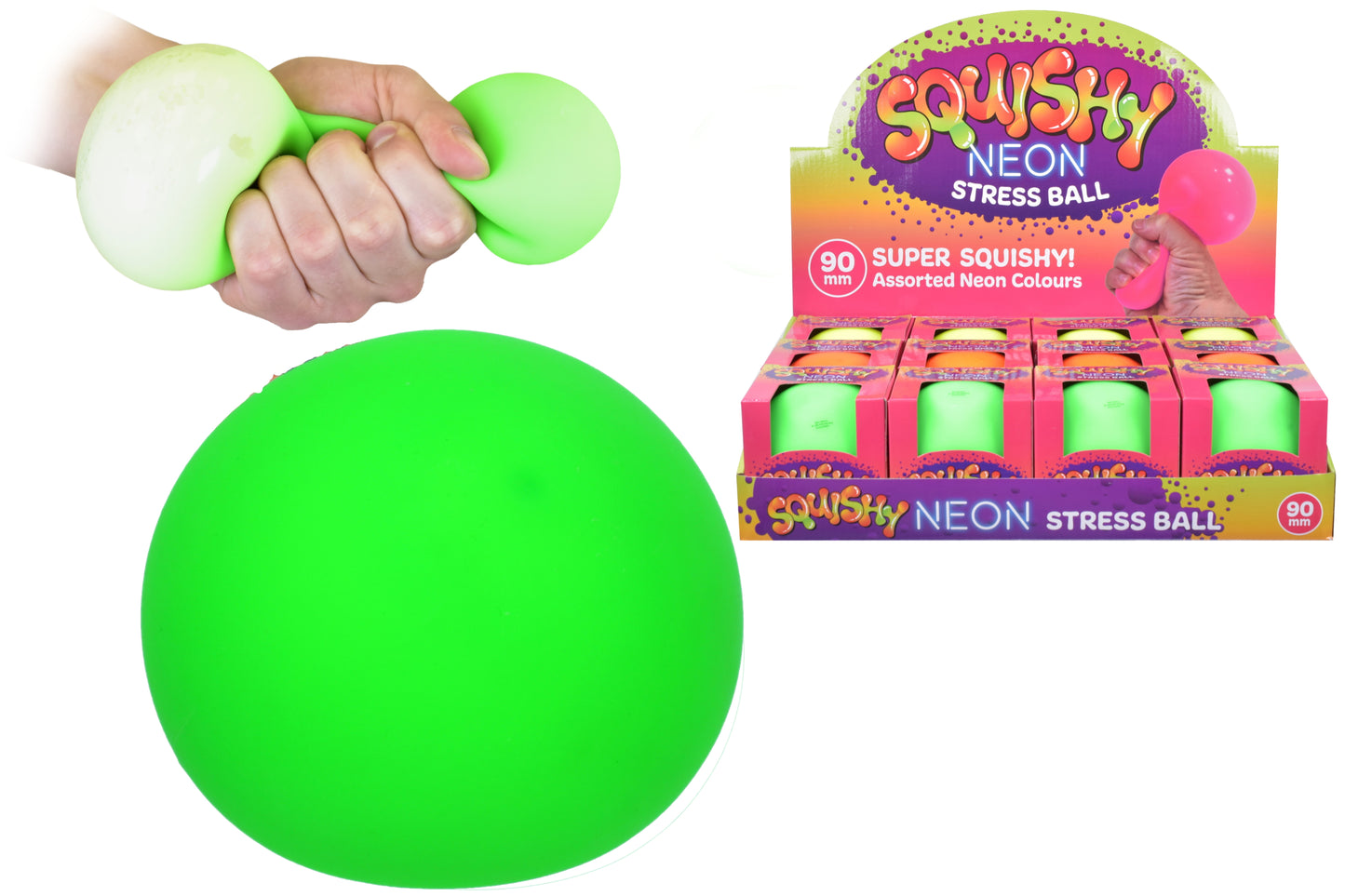 Défoulez-vous avec notre balle anti-stress souple néon de 90 mm dans sa boîte présentoir.