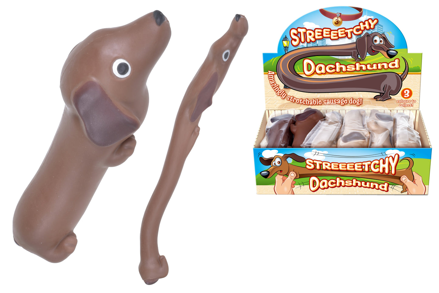 Adorables jouets teckels extensibles en boîte de présentation | Motifs assortis