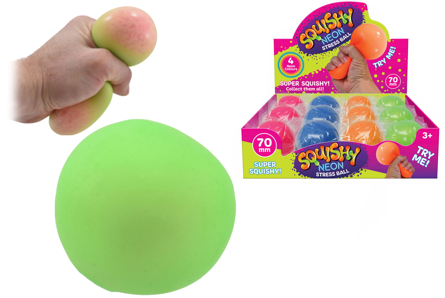 Balle anti-stress néon 7 cm : Soulagez le stress | Boîte de présentation éclatante incluse
